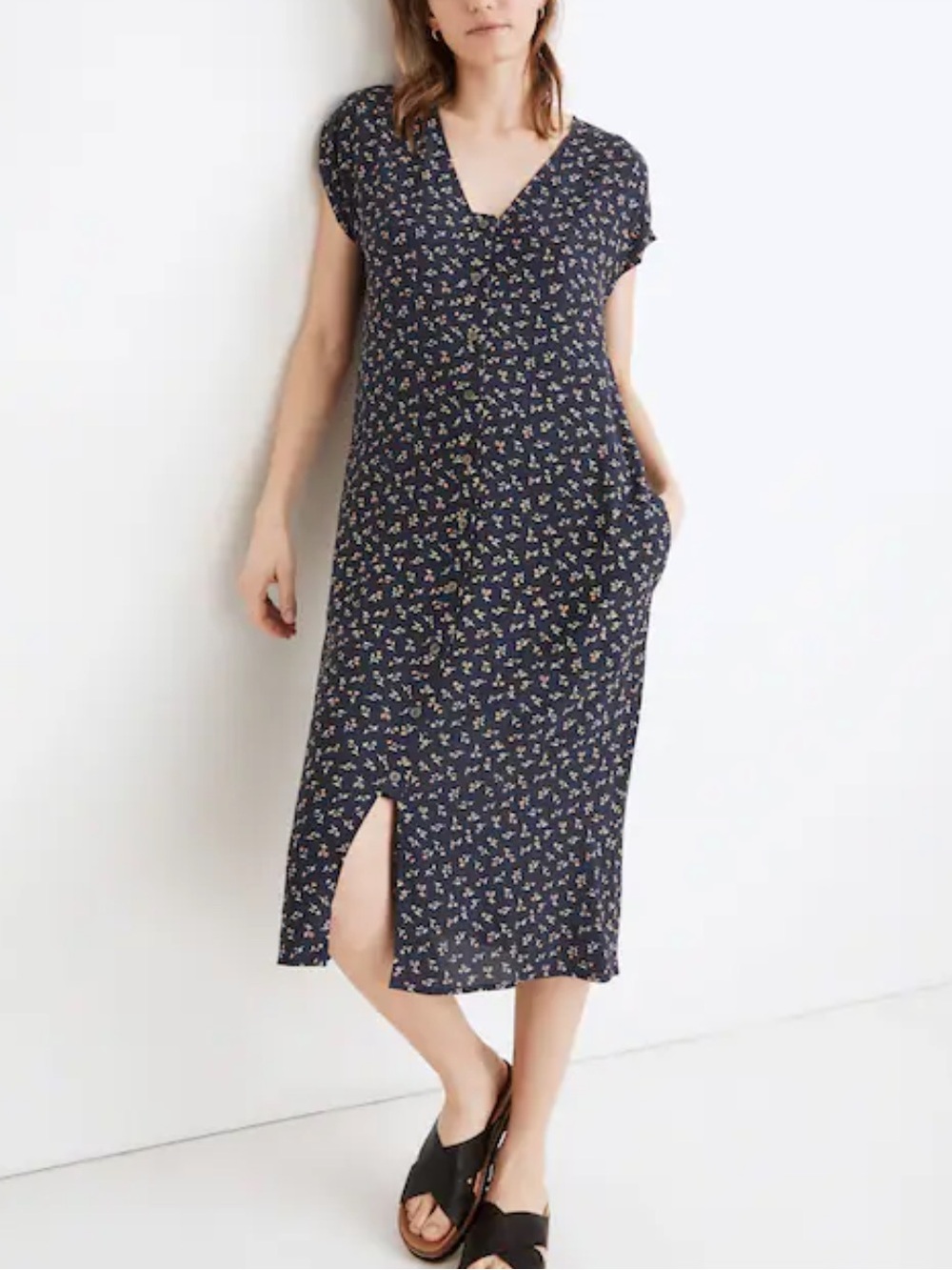 New NWT Madewell Navy Floral Button-Front easy midi Dress small